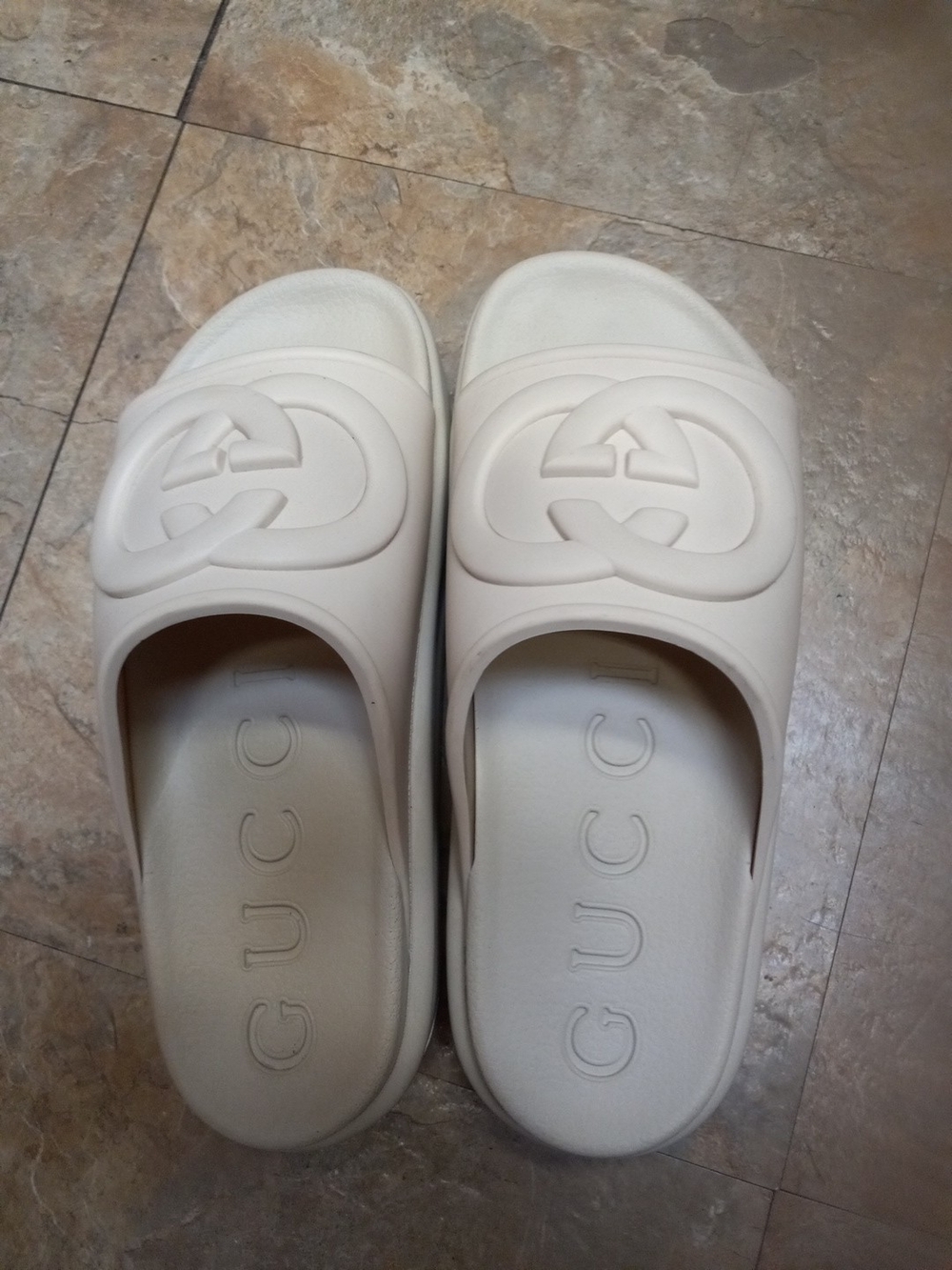Gucci Cream Interlocking G Slide Sandals